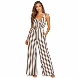 Ci Sono V-Neck Striped Jumpsuit in Brown and White